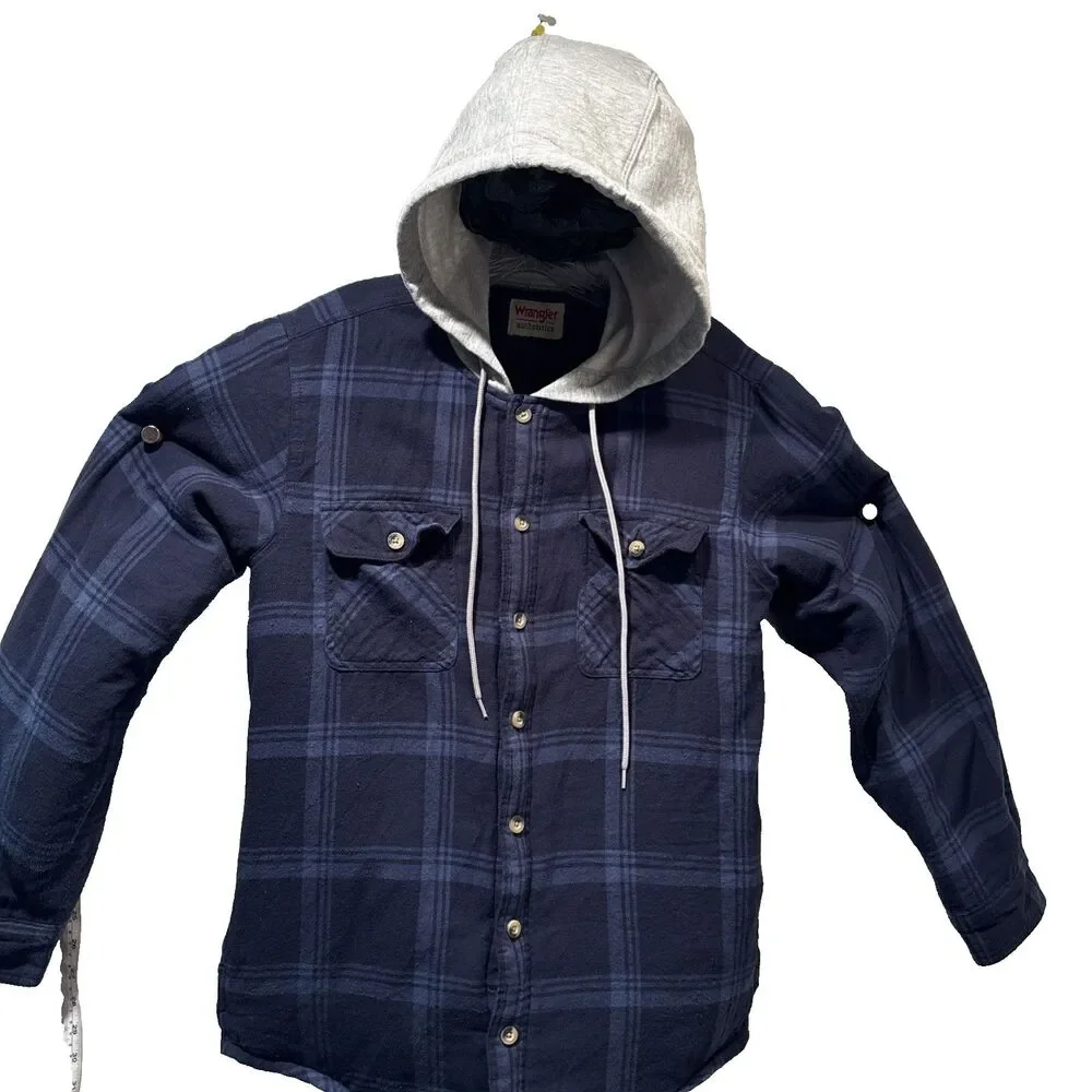 Wrangler Authentics Navy Blue Plaid Quilted Lined Hooded Flannel Chore Jacket S